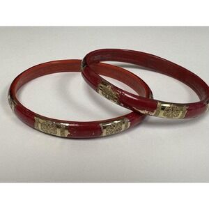 Red Lacquer Wood Bangle Bracelets Pair Gold Tone Floral Design Asian Style